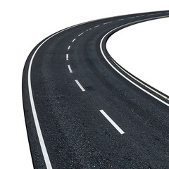 An asphalt road curves gently, marked with white lines, against a pure black background