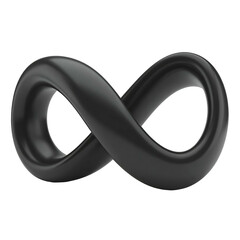 3D rendering of a shiny black infinity symbol, set against a stark, black background