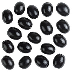 Close-up shot of multiple glistening black olives scattered on a solid black background