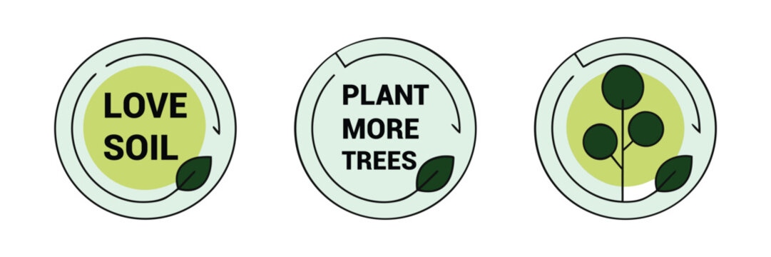 Eco badges plant trees and love soil for sustainability, representing World Soil Day - Powered by Adobe