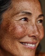 Obraz premium A middle-aged woman with a slight freckle, a sincere smile, and rough but warm skin.