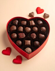 Heart-shaped box with chocolate assortment, accompanied by plush hearts