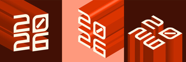3D Isometric Numbers 2026 Text Illustration with Red and White Colors