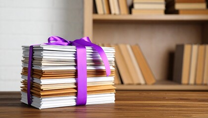 Fototapeta premium Gift-wrapped stack of notebooks with purple ribbon on wooden table in cozy study