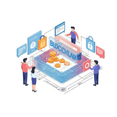 Isometric Blockchain Illustration with Team and Digital Assets on Transparent Background