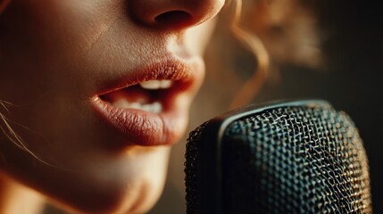 Close-up of a woman's mouth speaking into a microphone recording studio concept