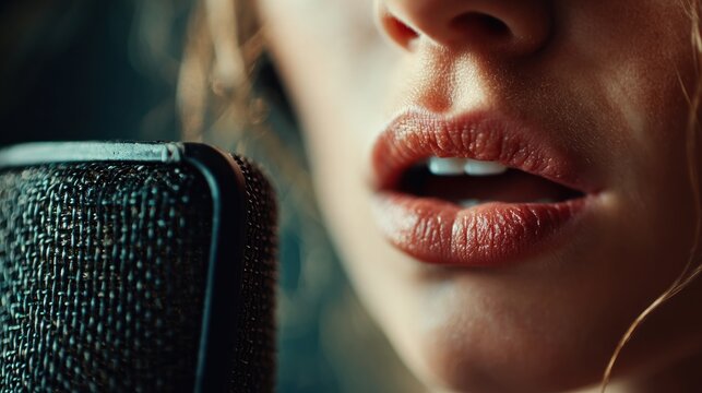 Close up view of a woman's face singing into a microphone creating a vocal record