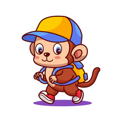 Cartoon Monkey Student with Backpack Isolated on Transparent Background Wearing Hat and Shoes in Upbeat Illustration Style For Kids Story