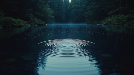 Still lake with concentric ripples; dark forest backdrop; soft light reflects on water's surface