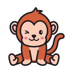 Cartoon Monkey Winking with Pink Cheeks on Transparent Background Childlike Illustration Cuteness and Simplistic Design for Children's Products and Educational Materials