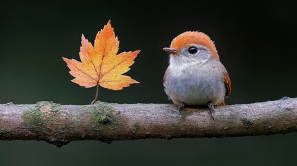 Tiny, fluffy bird perched on a branch with a vibrant autumn leaf beside it, dark background