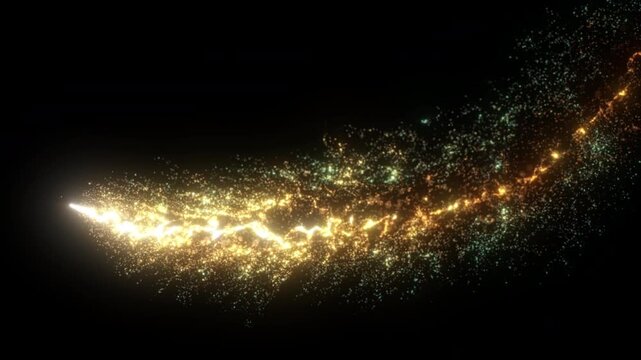 4K Golden particles and sparkles. Christmas gold glitters. Bokeh lights. 3D glowing dust trail. Logo revealer. Intro animation. Isolated on black. Celebration, anniversary, Diwali, Xmas 2026