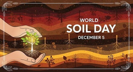 Hands cradling a sapling with roots in rich soil layers, celebrating world soil day on december 5th, emphasizing the importance of soil health and sustainable agriculture for a thriving planet