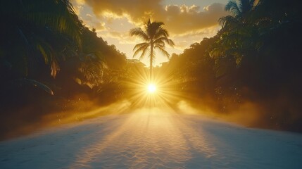 Golden sun bursts through palm trees onto a sandy beach, creating a sunlit path
