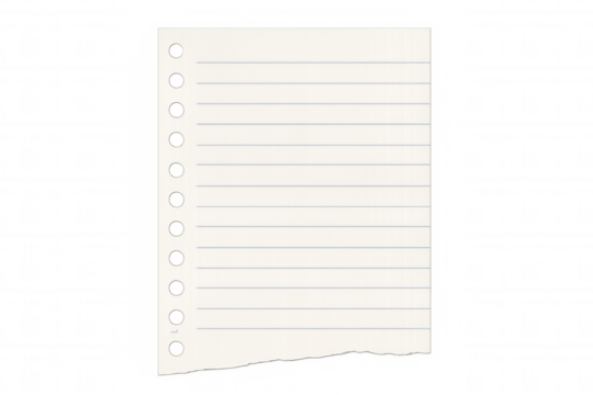 Torn white lined notebook paper sheet with holes, light beige blank note page, transparent background - Powered by Adobe
