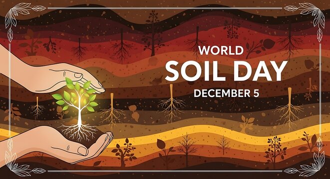 Hands cradling a sapling with roots in rich soil layers, celebrating world soil day on december 5th, emphasizing the importance of soil health and sustainable agriculture for a thriving planet - Powered by Adobe