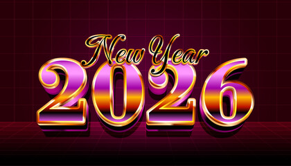 Retro futuristic New Year 2026 banner design with vibrant purple and gold metallic typography