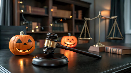A glowing jack-o'-lantern pumpkin, judge's gavel block with the scales of justice, dark law office background - funny, judgment, punishment, authority, Halloween in legal profession concept