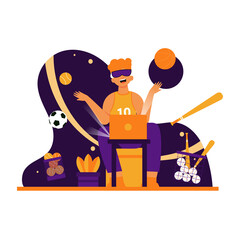 Man in Vr Headset Sits with Laptop Amidst Floating Sports Equipment on Abstract Dark Background