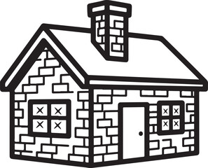 brick house with a chimney vector icon, depicted in a black and white line drawing style, the house has windows and a door, showcasing a simple residential structure
