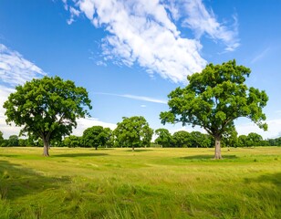 Lush green field dotted with trees under a vibrant blue sky