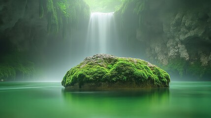 Lush green moss-covered rock in serene turquoise water beneath a waterfall and a cavern