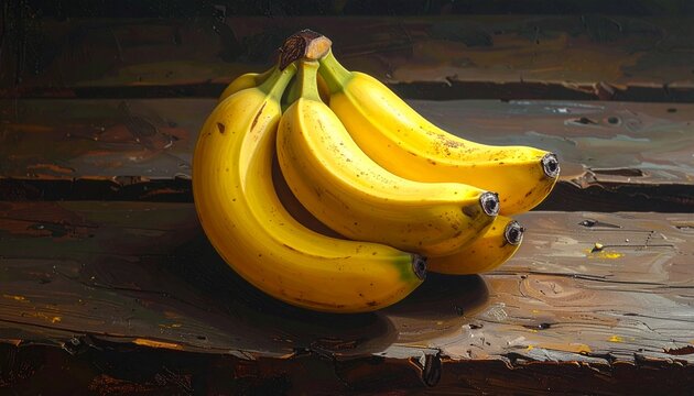 Ripe yellow bananas on rustic wooden surface with natural light.