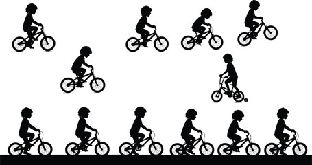 Silhouette of children riding bicycles, kids cycling activity, healthy lifestyle, outdoor fun, sport training, motion exercise, childhood learning, vector illu