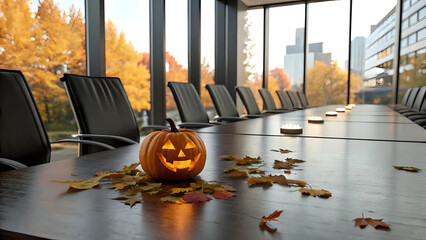 A glowing jack-o'-lantern pumpkin on long conference table, empty boardroom with city view background - business meeting conference, corporate Halloween party, fun office celebration concept