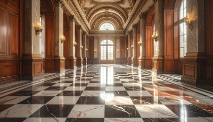 Obraz premium Elegant Hallway with Checkerboard Floor and Architectural Details.