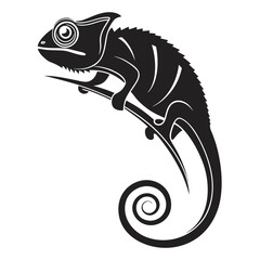 Stylized black chameleon silhouette on a branch