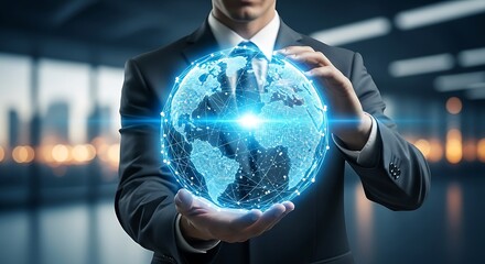 Businessman holding a glowing digital globe representing global business, technology, and connectivity, with a bright light emanating from the center