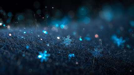 Fototapeta premium Closeup blue glowing snowflake on fabric under winter lights at Sapporo White Illumination Festival