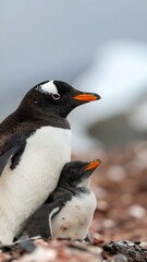 Close-up of Gentoo penguin parents and chick