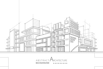 A 3D illustration of an abstract urban building, featuring an imaginative architectural design with outlined drawings.  