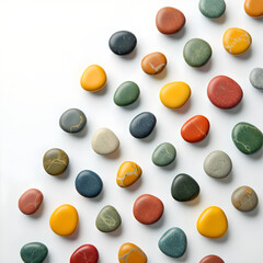 Colorful Polished Stones on White Background – Natural Rock Collection, Minimalist Design, Abstract Pattern, Zen Balance and Decorative Pebbles for Creative Concepts and Backgrounds