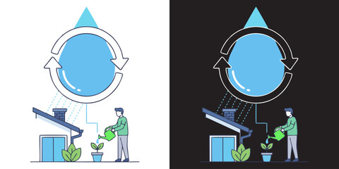 Sustainable living concept showcasing rainwater harvesting for plant irrigation in a modern home, promoting eco-friendly practices and water conservation awareness beautifully illustrated
