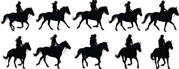 Silhouette of horse riders galloping, cowboy and cowgirl riding horses, western equestrian art, wild west adventure, countryside lifestyle illustration