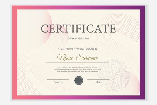 Elegant certificate template with pastel gradient and geometry, decorative frame. Editable vector, printable, customizable design for diplomas, awards, and corporate events. Suitable for any occasion.