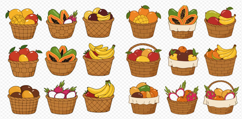 Illustration of baskets filled with various fruits, including bananas, mangoes, and papayas.