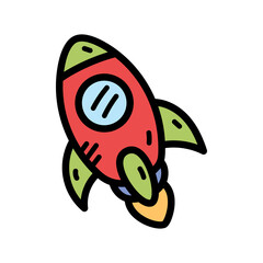 Cartoon Rocket Illustration with Red Body and Green Accents on Transparent Backdrop