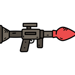 Cartoon Rocket Launcher with Red Projectile and Sight in Black Outline on Transparent Background
