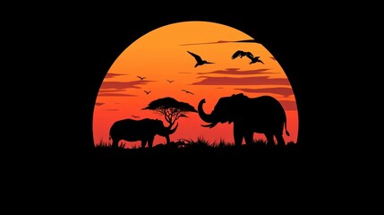 African Sunset Silhouette Rhino Elephant Birds Tree