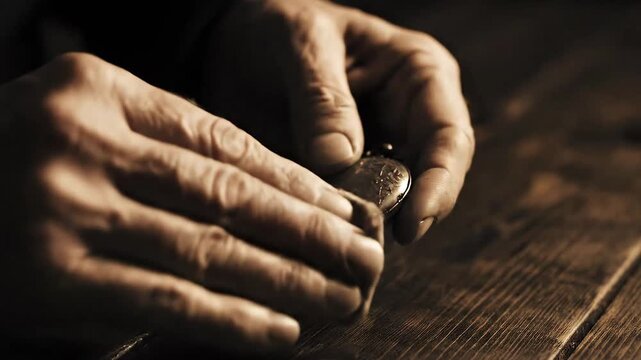An elderly man handling a vintage pocket watch with care