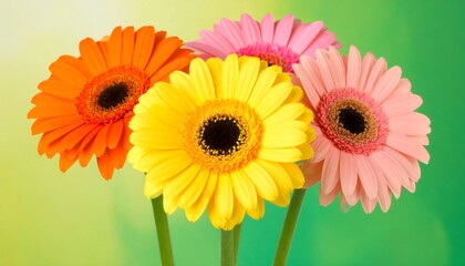 Four colorful gerbera daisies in orange, pink, and yellow, against a soft green backdrop