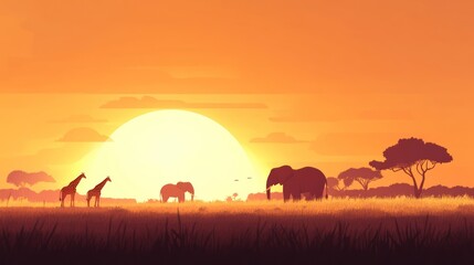 African Sunset Savanna Elephants Giraffes