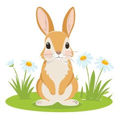 Gentle Brown Bunny Animal Illustration Surrounded by White Daisies and Green Grass in a Peaceful Outdoor Scene, Minimalist Style