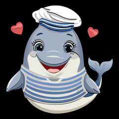Sweet Cartoon Dolphin Animal Illustration Sailor Wearing a Hat with a Heart Detail and Striped Shirt