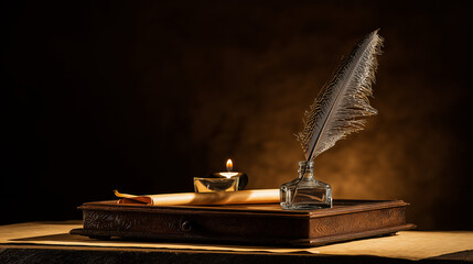 A vintage wooden desk featuring a feather quill and inkwell, illuminated by soft diffused natural light.