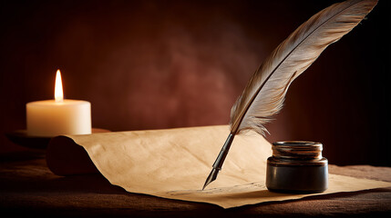 A vintage wooden desk featuring a feather quill and inkwell, illuminated by soft diffused natural light.